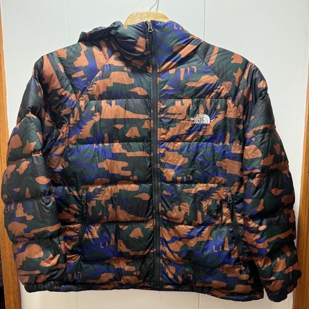 The North Face Mens 600 Down Puffer Jacket Camo Brown Blue Hooded XXL NF0A4R2I